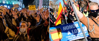 A la izquierda, manifestación en Madrid por la encarcelación de Pablo Hasél, el 17 de febrero. A la derecha, marcha en homenaje a los caídos de la División Azul en Madrid, el 13 de febrero.