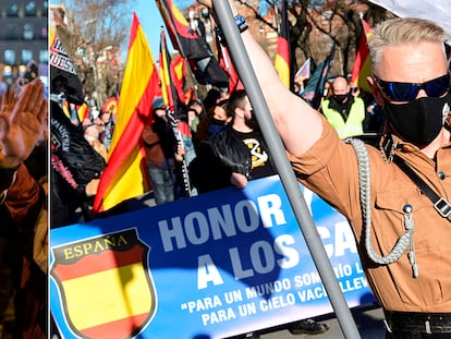 A la izquierda, manifestación en Madrid por la encarcelación de Pablo Hasél, el 17 de febrero. A la derecha, marcha en homenaje a los caídos de la División Azul en Madrid, el 13 de febrero.