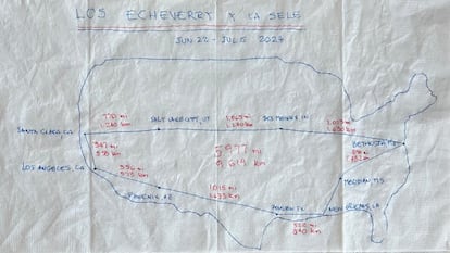 Un mapa  del recorrido dibujado en una servilleta. 