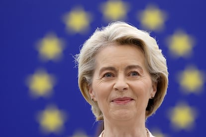 European Commission President, Ursula von der Leyen, addresses a plenary session of the European Parliament in Strasbourg after being re-elected.