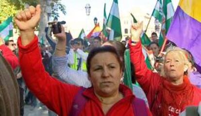 Varias mujeres ante la Subdelegación del Gobierno en Sevilla, donde hoy se ha puesto fin a las tres jornadas de marcha recorridas por las jornaleras andaluzas con la quema de unos papeles que simbolizan las 35 peonadas necesarias para acceder al subsidio agrario.