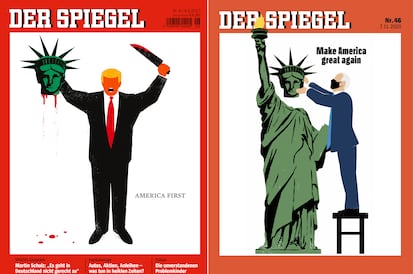 Edel Rodriguez‘s covers for the German magazine ‘Der Spiegel’ featuring Donald Trump and Joe Biden.
