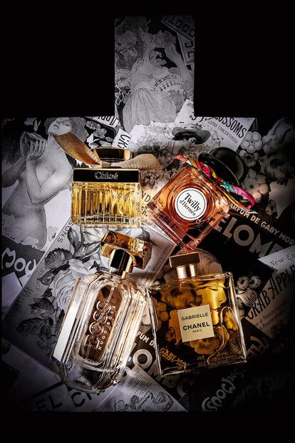 Revolución floral - En el sentido de las agujas del reloj: Twilly d’Hermès Eau de Parfum de HERMÈS (99,95 €,
85 ml), Gabrielle Eau de Parfum de CHANEL (137 €, 100 ml), Boss The Scent For Her de HUGO BOSS (115 €, 100 ml) y Chloé Absolu de Parfum Eau de Parfum de CHLOÉ (130,30 €, 75 ml).