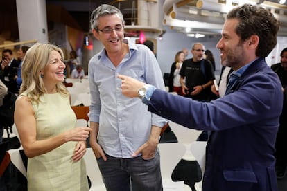 Yolanda Díaz, Eduardo Madina y Borja Semper, en la presentación del libro 'Perder la gracia', este miércoles en Madrid.