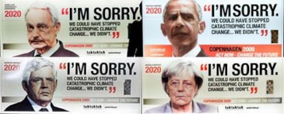 Greenpeace muestra a Zapatero, Obama, Gordon Brown y Angela Merkel en 2020 con un mensaje: "Lo siento. Pudimos detener el catastrófico cambio climático... No, no lo hicimos".