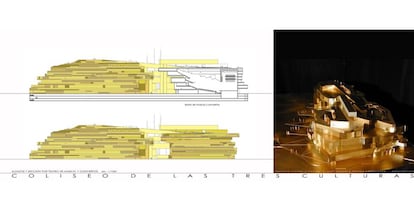 Alzados y sección por el teatro de música y conciertos en el macropropyecto de José Luis Moreno. |