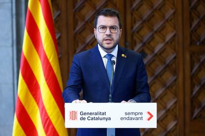 El presidente de la Generalitat, Pere Aragonès, durante su comparecencia de este miércoles en la que ha anunciado el adelanto de las elecciones catalanas.