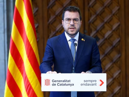 El presidente de la Generalitat, Pere Aragonès, durante su comparecencia de este miércoles en la que ha anunciado el adelanto de las elecciones catalanas.