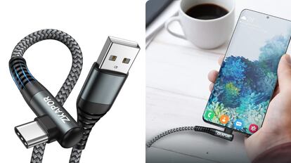 Este modelo de cable USB en ángulo recto se vende en tres tamaños.