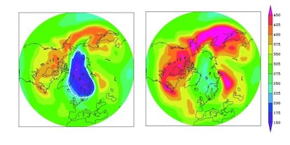 A la derecha, situación de la capa de ozono sobre el Ártico en abril de 2011. A la izquierda, como sería sin el Protocolo de Montreal. La barra de la derecha mide la cantidad de ozono.