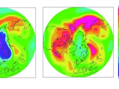A la derecha, situación de la capa de ozono sobre el Ártico en abril de 2011. A la izquierda, como sería sin el Protocolo de Montreal. La barra de la derecha mide la cantidad de ozono.