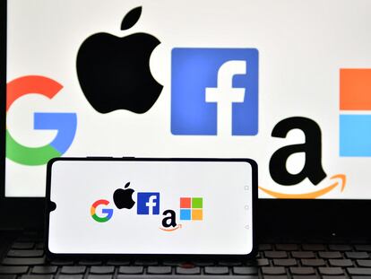 Logos of Google, Apple, Facebook, Amazon and Microsoft.