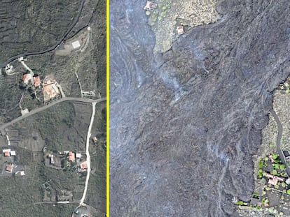 These images of La Palma taken in 2020 and on Thursday of last week evidence the destruction caused by the volcanic eruption.