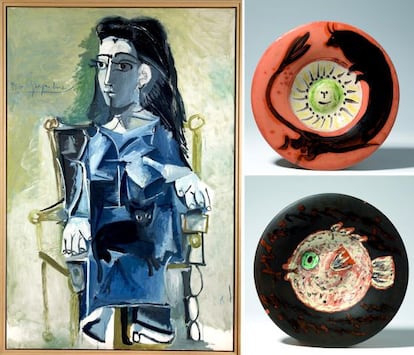 Cerámicas de Pablo Picasso. Colección de Jacqueline Roque. Izquierda: "Jacqueline sentada en un sillón" (1964). Derecha: "Sol y toro" (1959) y "Pez sobre fondo oscuro" (1957).