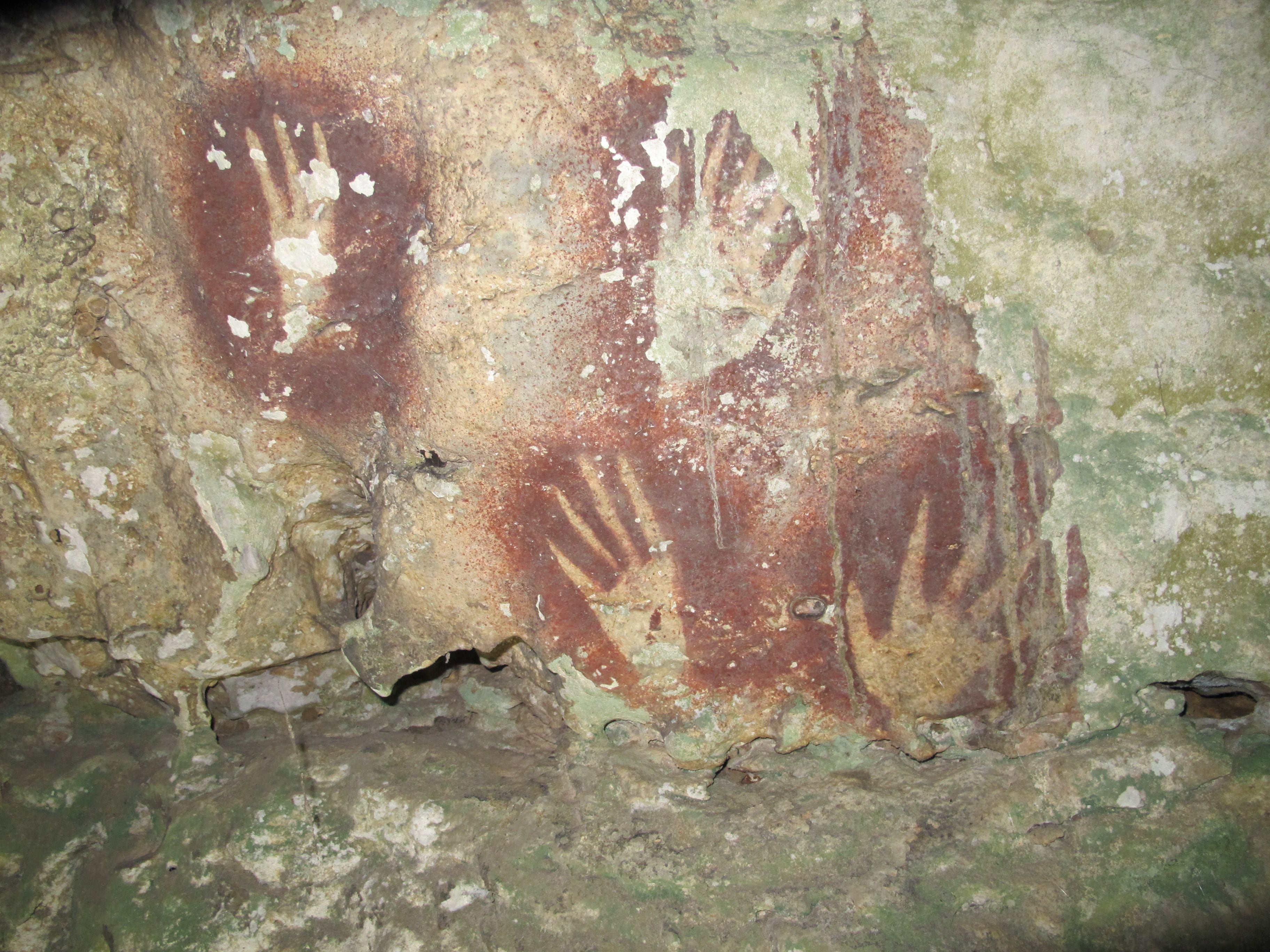 Manos pintadas con estarcido en otra cueva de Indonesia estudiada por el mismo equipo. En este caso tienen unos 50.000 años de antigüedad.