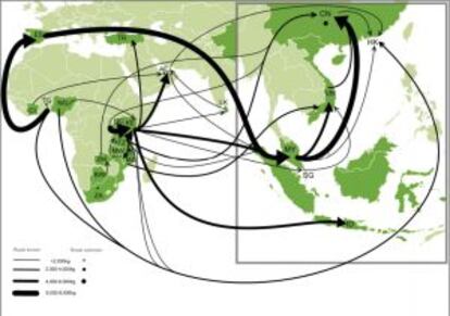 Rotas dos grandes envios de marfim de 2012-2013, segundo a organização Traffic