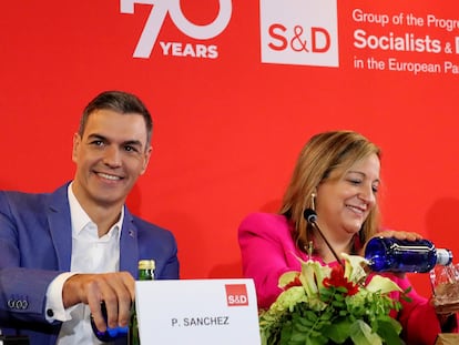 Pedro Sánchez, durante la clausura de la cumbre de los socialdemócratas europeos esta mañana en Madrid, en una imagen distribuida por el PSOE.