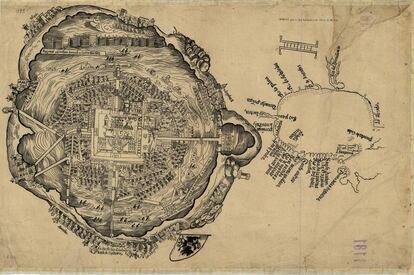 Plano de la ciudad prehisp&aacute;nica atribuido a Hern&aacute;n Cort&eacute;s.