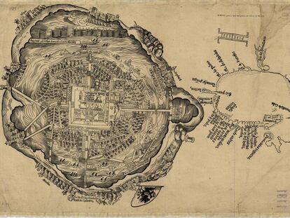 Plano de la ciudad prehisp&aacute;nica atribuido a Hern&aacute;n Cort&eacute;s.