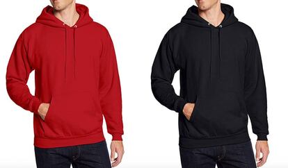 Dos de las variaciones de color en que está disponible la sudadera con capucha Hanes, la más valorada en Amazon.