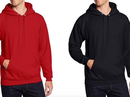 Dos de las variaciones de color en que está disponible la sudadera con capucha Hanes, la más valorada en Amazon.