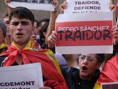 12/11/2023.- Oviedo (ASTURIAS).- Miles de personas -más de 35.000, según la policía local y unas 6.000 según Delegación del Gobierno- se han concentrado y manifestado por el centro de Oviedo en respuesta a la convocatoria del PP, a la que se adhirió posteriormente Vox, en protesta por los pactos de investidura firmados por el PSOE para investir a Pedro Sánchez presidente del Gobierno. EFE/Paco Paredes
