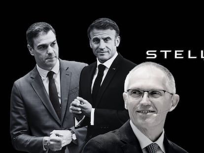 El presidente de España, Pedro Sánchez; el presidente francés, Emmanuel Macron; el CEO de Stellantis, Carlos Tavares.