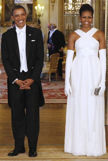 El presidente Barack Obama y la primera dama estadounidense Michelle Obama en la cena con la reina Isabel II.