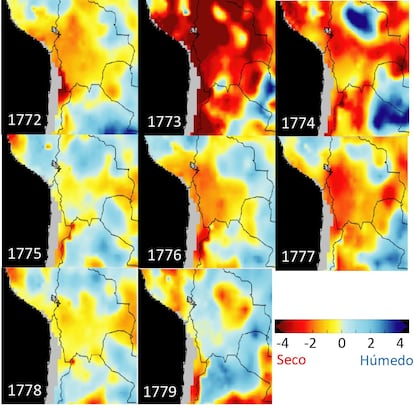 Humedad en el suelo en la zona del Altiplano sudamericano entre 1774 y 1779.