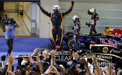 Kimi Raikkonen celebra su victoria.