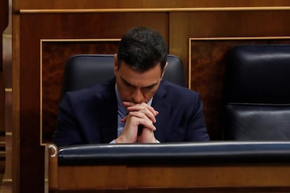 El presidente del Gobierno, Pedro Sánchez, durante el pleno del Congreso este miércoles donde se autorizará otra prórroga del estado de alarma solicitada por el Ejecutivo.