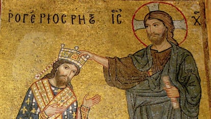 'Roger II coronado por Cristo', mosaico bizantino en la Iglesia de La Martorana, en Palermo.