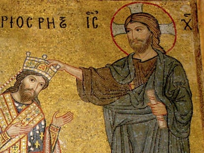 'Roger II coronado por Cristo', mosaico bizantino en la Iglesia de La Martorana, en Palermo.