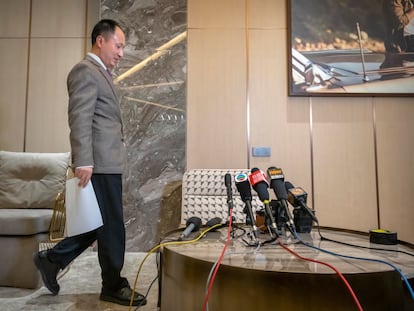 He Jiankui during a press conference held in Beijing on February 21.