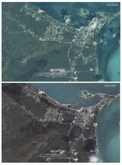 La localidad de Marsh Harbour fotografiada en 2018 y, debajo, en 2019, tras el paso del ciclón. Golpeado a menudo por huracanes, el archipiélago de Bahamas tiene unos requerimientos en la construcción que obligan a las casas a dotarse de estructuras metálicas para asegurar los tejados contra huracanes de categoría 4.