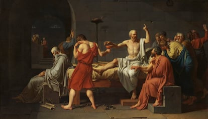 Sòcrates (pintat per Jacques-Louis David) no cobrava diners per les lliçons i es reien de la seva lletjor.