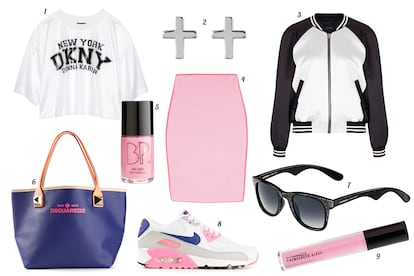 1. DKNY Crop top oversize con leyenda. 2. Aristocrazy Pendientes de cruces de plata. 3. Topshop Beisbolera de satén bicolor. 4. Alexander Wang Falda recta elástica con print de rayas. 5. BP. Laca de uñas “Perfect Polish”. 6. Dsquared2 Shopping bag de piel con leyenda y tachuelas doradas. 7. Carrera by Jimmy Choo Gafas de sol con montura de pasta. 8. Nike Sneaker “Air Max 90”. 9. M·A·C Glass “Fantasy of Flowers - Cremesheen + Pearl”.