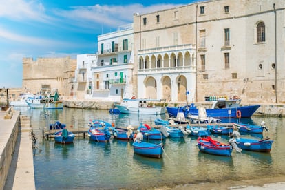 Aunque ya recibe casi tantos visitan­tes como la vecina y turística Polignano a Mare, Monopoli ha conseguido conservar su espíritu marinero, muy presente en su cala del Porto Antico, entre barcas pinta­das de azul y redes hechas a mano que los pescadores lanzan al Adriático. Los colores combinan aquí a la perfección: está el blanco de las casas que se asoman a la calle desde el Bastione Santa Maria; el ocre de los edificios de un centro histórico recupe­rado, pero aún algo decadente; el azul del mar que se insinúa en el viejo puerto y que, más al sur, baña espléndidas calitas; y el verde de los olivos del interior, donde una suave brisa acaricia las piedras de 'masserie' centenarias. Monopoli fue en origen un importante centro militar, pero en la Edad Media descu­brió su vocación comercial. Se la disputaron bizantinos y normandos, y siguió las vicisitu­des del resto de Apulia, llegando a adquirir importancia durante las Cruza­das. El imponente sistema de fortificaciones que rodea esta localidad italiana evitó que sufriera grandes saqueos de manos de la flota turca, y pudo seguir progresando cuando otras poblaciones cercanas mucho mayores no lo hacían.
Tan atractivo como el pueblo resulta el puerto antiguo. Basta pasar bajo un arco para dejar atrás el dédalo de ca­llejuelas del centro histórico y encontrarse rodeado de barcos de pesca azules, de pes­cadores que reparan las redes y ante un mar plácido que invita al relax. La ensenada del que fue el primer puerto de Monopoli es larga y estrecha, y está delimitada al este por la muralla, que lo hacía prácticamente inexpug­nable en caso de ataque de flotas enemigas. A la derecha, mirando al mar, se encuentra la galería de estilo veneciano del bonito Palazzo Martinelli.