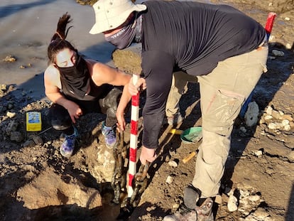 Dos arqueólogos sostienen los eslabones de las cadenas de la batalla de la Vuelta de Obligado descubiertas por la bajante del Río Paraná