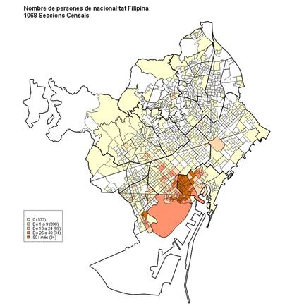 Els col.lectius més nombrosos. Nombre de persones de nacionalitat filipina, per seccions censals. 