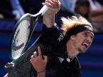 Germany's Alexander Zverev serves to South Africa's Lloyd Harris during their 2021 US Open Tennis tournament men's quarter-finals match at the USTA Billie Jean King National Tennis Center in New York, on September 8, 2021. (Photo by TIMOTHY A. CLARY / AFP)