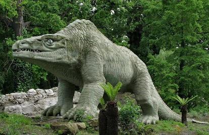 'Megalosaurus' was thought to walk on all fours. This is how it was recreated in 1852 in the dinosaur collection at Crystal Palace Park in London.
