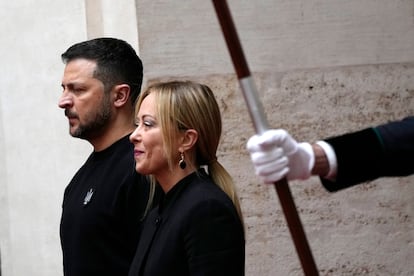 Italian Premier Giorgia Meloni meets Ukrainian President Volodymyr Zelenskyy at Chigi Palace, Government's office, in Rome, Saturday, May 13, 2023.