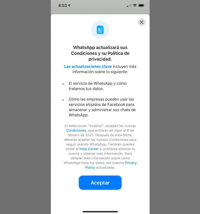 Nuevas condiciones y política de privacidad de WhatsApp.