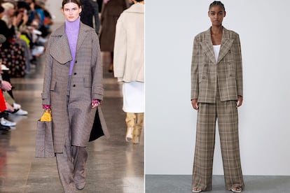 Los cuadros pequeños y masculinos. Más allá del tartán más punk, los cuadritos de pequeño tamaño en colores marrones y nude son el estampado del otoño. Lo tienen claro Victoria Beckham (en la imagen), Givenchy, Altuzarra, Celine o Balenciaga. Es fácil encontrar versiones a precio razonable para sumarse a la tendencia. Este traje de Zara es un buen ejemplo (la americana cuesta 49,95 euros y los pantalones se quedan en 29,95 euros).