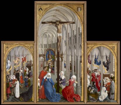 Pintado entre 1445 y 1450, este tríptico describe los siete sacramentos de la Iglesia Católica. En el panel de la izquierda muestra el bautismo, la confirmación y la confesión. En el central, con la crucifixión en primer plano, la eucaristía. Y a la derecha, la orden sacerdotal, el matrimonio y la extremaunción. Se expone en el Museo Real de Bellas Artes de Amberes y sirvió de inspiración para el 'Tríptico de la Redención', realizado por uno de sus discípulos directos, el Maestro de la Redención del Prado, denominado así por esta obra, que también forma parte de la exposición.
