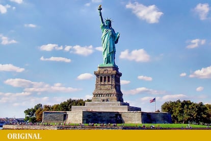 Desde 1886 se alza en la isla de la Libertad, al sur de Manhattan, junto a la desembocadura del río Hudson. Obra del escultor Frédéric Auguste Bartholdi, con una estructura interna diseñada por Eiffel, fue un regalo de los franceses para conmemorar el centenario de la Declaración de Independencia de Estados Unidos.