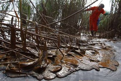Un activista de Greenpeace analiza las manchas de crudo en el delta del río Misisipi.