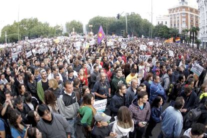 Protestors marching near Congress in Madrid on Sunday.