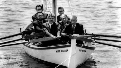 Carlos Ferrer Salat, Narc&iacute;s Serra, Pasqual Maragall , J. Miquel Abad, Jordi Pujol y Juan Antonio Samaranch, en 1992.